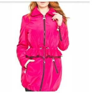 Betsey Johnson Pink Anorak Trench Jacket Peplum Bows Hooded Size L